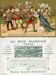 Voor- en achterkant van een promotiekaart voor het Parijse warenhuis Au Bon Marché, met een van de populairste volksliedjes in de Franse taal, Marlbrough sen va-t-en guerre (Marlborough is vertrokken)