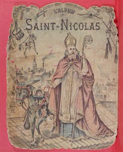 Voorkant van een fotoalbum met Sint-Nicolaas die cadeautjes brengt aan de kinderen, eind 19e eeuw (kleurgravure)