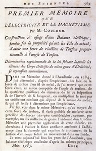 Frontispice van het boek "Eerste memorie over elektriciteit en magnetisme" door Coulomb door French School