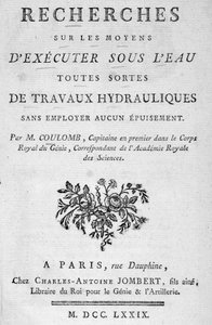 Frontispice van het boek "Onderzoek naar manieren om onder water allerlei hydraulische werken uit te voeren" door Coulomb door French School