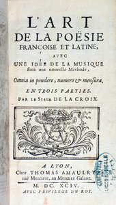 Frontispice van De kunst van Franse en Latijnse poëzie, met een idee van muziek onder een nieuwe methode door Pherotee La Croix door French School