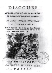 Frontispice van Discours sur lOrigine et les Fondements de lInegalite Parmi les Hommes door Jean-Jacques Rousseau (1712-78) ca. 1755 door French School