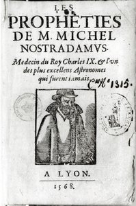 Frontispice van Les Propheties de M. Michel de Nostradamus (1503-66), met een portret van Nostradamus, uitgegeven in Lyon 1568 door French School