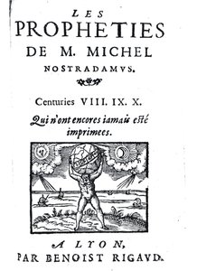 Frontispice van De Voorspellingen van M. Michel Nostradamus, uitgegeven door Benoist Rigaud, 1568