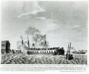 Fultons stoomaangedreven oorlogsschip, Fulton de Eerste, ontworpen en gebouwd door Robert Fulton voor de verdediging van New York in de oorlog van 1812
