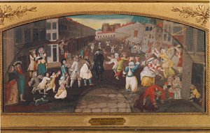 Plezier en spelletjes in de straten van Parijs - rue St. Antoine ... (schilderij op doek) door French School