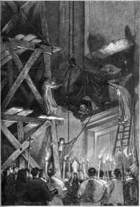 Begrafenis van paus Pius IX (Pio) (1792-1878): de begrafenis van het lichaam in de Sint-Pietersbasiliek in Rome. Gravure in 