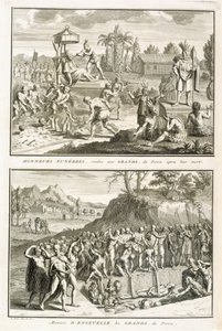 Begrafenisrituelen en de manier van begraven van heren na hun dood, in Peru, illustratie uit Religieuze Ceremonies en Gebruiken, gegraveerd door Bernard Picart (1673-1733) 1722 door French School