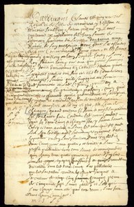 Bontcontract tussen Francois Francoeur en vier voyageurs voor het transport van goederen en de aankoop van bevervellen in Michilimackinac en Chicago, 1692