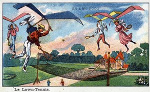 Futuredays: Een negentiende-eeuwse visie op het jaar 2000 - Serie "In het jaar 2000": Het gazon - tennis - Chromolithografie door Villemard