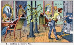 Futuredays: Een negentiende-eeuwse visie op het jaar 2000 - Serie "In het jaar 2000": De nieuwe spelbarbier (automatische machine). Chromolithografie door Villemard