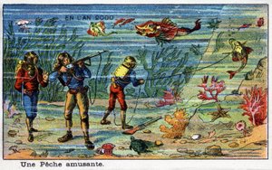 Toekomstige dagen: Een Negentiende Eeuwse Visie op het Jaar 2000 Serie: Een Leuk Vissen (Onder de Zee). Chromolithografie door Villemard door French School