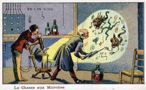 Futuredays: Een negentiende-eeuwse visie op het jaar 2000 Serie: De jacht op microben (2 wetenschappers verwijderen vergrote microben met een machine). Chromolithografie door Villemard door French School