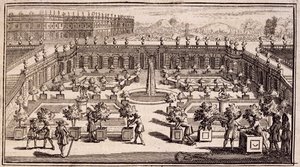 Tuinmannen aan het werk in een sinaasappeltuin, uit Le Parfait Jardinier, ou Instruction pour les Jardins Fruitiers et Potager, door Jean de la Quintinye, gepubliceerd 1695 door French School