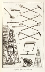 Tuingereedschap en een mobiele snoeiplatform, uit de Encyclopedie des Sciences et Metiers door Denis Diderot (1713-84) gepubliceerd ca. 1770 door French School