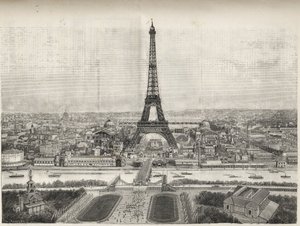 Algemeen overzicht van de Wereldtentoonstelling in Parijs in 1889 met de Eiffeltoren vanaf Trocadero, gravure - Algemeen overzicht van de Wereldtentoonstelling in Parijs in 1889 met de Eiffeltoren, gravure in Le Monde Illustré van 1889 door French School