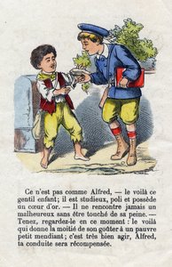 Generositeit. Kind geeft de helft van zijn smaak aan een kleine bedelaar. Jongens alfabet. Abecedarium met morele waarde met leesoefeningen. Beeld van Epinal eind 19e eeuw door French School