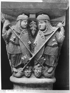 Gulheid en Liefdadigheid doorboren twee ondeugden, kapiteel dat het gevecht van de ondeugden tegen de deugden uitbeeldt, uit de kerk van Notre-Dame-du-Port, Clermont-Ferrand (gipsafgietsel van steen)