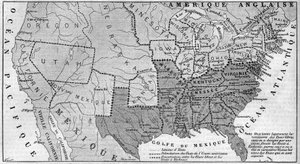 Geografische kaart van de Verenigde Staten van Amerika in maart 1861. Slavernijstaten zijn weergegeven in het rood. In het wit geschreven, de namen van de zeven confederale staten die zich van de Unie afscheidden: Texas, South Carolina, Mississippi, Florid door French School
