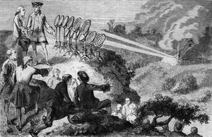 Georges-Louis Leclerc (1707-88) Graaf de Buffon experimenteert met brandende spiegels op hooibergen in Montbard, uit La Vie des Savants Illustres door Louis Figuier, gepubliceerd in Parijs in 1872 door French School