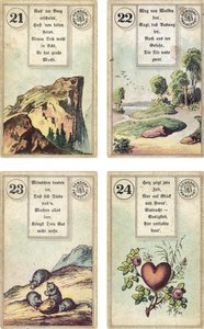 Duitse editie van het Lenormand Franse waarzegkaarten deck: De Berg, De Weg, De Muizen, Het Hart, uitgegeven door Dondorf, Frankfurt, 19e eeuw