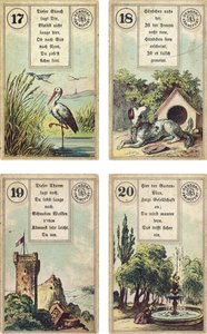 Duitse editie van het Lenormand Franse waarzegkaarten deck: De Ooievaar, De Hond, De Toren, De Tuin, uitgegeven door Dondorf, Frankfurt, 19e eeuw