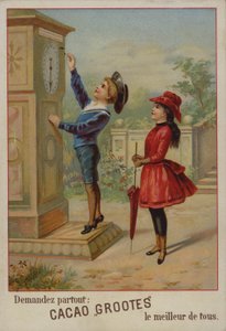 Meisje kijkt naar een jongen die een klok aanpast (chromolitho) door French School