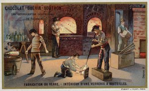 Glasproductie. Interieur van een flesfabriek door French School