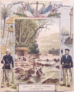 Goudzoekers in Frans Guyana, omslag van schoolschrift, ca. 1880