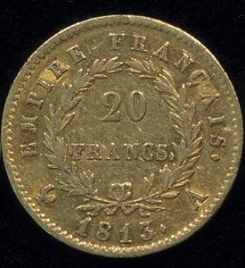 Gouden munt van 20 francs (Napoleon) uit 1813. achterkant.
