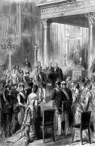 Gouden bruiloft van de Duitse keizer Willem I (1797-1888) en keizerin Augusta (1811-1890): religieuze ceremonie in de kapel van het keizerlijk paleis in Berlijn, juni 1879. Gravure in Le Monde Illustré nr. 1162 van 5 juli door French School