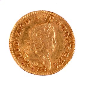 Gouden Franse Louis, regeerperiode van koning Lodewijk XV (1715-1774) 1723 Diam. 2,3 cm Napels, archeologisch museum door French School