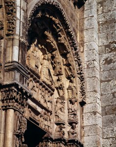 Gotische kunst: (detail) van het timpaan van het koninklijke portaal van de Basiliek van Notre Dame de Chartres