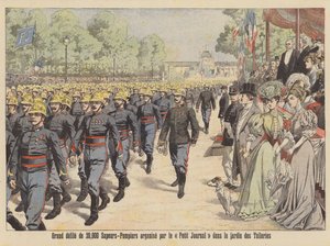 Grote parade van 20.000 brandweermannen door de Jardin des Tuileries in Parijs (kleurenlitho) door French School
