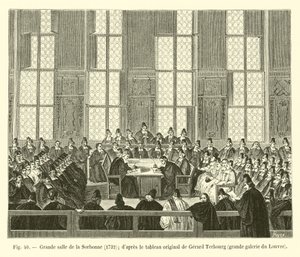 Grote zaal van de Sorbonne, 1732; naar het originele schilderij van Gerard Terbourg, grote galerij van het Louvre door French School