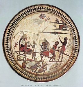 Griekse beker die Arcesilas II, koning van Cyrene (ca. 560-550 v.Chr.) toont die het wegen en laden van silphium bekijkt, kopie van een origineel uit de 6e eeuw v.Chr.