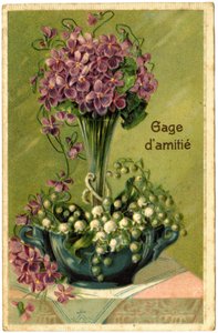 Groeten met boeket bloemen en takjes lelietje-van-dalen.
