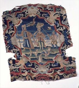 Gros point en petit point Stoelhoes van drie Oost-Europese Figuren en Vogels, midden 18e eeuw (detail) door French School