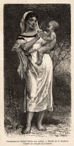 Guaranie vrouw rookt de sigaar voor haar kind, rijdend op haar heup, om haar gehuil te proberen te kalmeren, gravure naar de tekening van D.Maillart, ter illustratie van de reis naar Paraguay in 1872-1873, door L.Forgues, gepubliceerd in 
