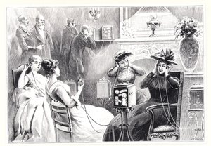 Gasten in een hotel in Parijs luisteren naar directe uitzendingen van opera- of theatervoorstellingen op Marinovitchs en Szarvadys Theatrophone, uit La Nature, gepubliceerd 1892 door French School