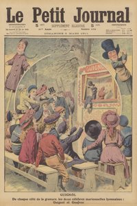 Guignol en Gnafron, beroemde Franse poppen uit een voorstelling uit Lyon (kleurenlitho) door French School