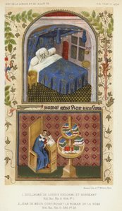 Guillaume De Lorris slapend en dromend, Jean De Meun vervolgt het Roman De La Rose (kleur litho) door French School
