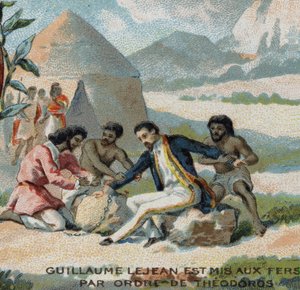 Guillaume Lejean, een Franse ontdekkingsreiziger, werd in de boeien geslagen op bevel van keizer Theodoros van Abessinië (het huidige Ethiopië). Chromolithografie uit de 19e eeuw. door French School