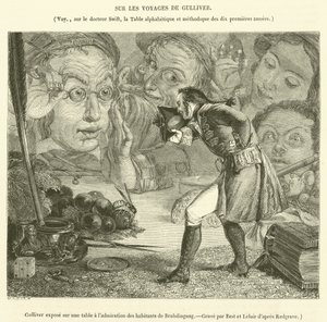 Gulliver tentoongesteld op een tafel ter bewondering van de inwoners van Brobdingnag