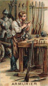 Geweermaker aan het werk in zijn werkplaats (chromolitho)