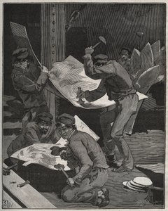 Hameren en assembleren van stukken van het Vrijheidsbeeld gemaakt door Frédéric Auguste Bartholdi (1834-1905). Gravure uit 1880 in 