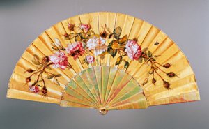 Handwaaier met rozen en insecten, zijde en parelmoer, gemaakt door Felix Alexandre, Parijs, ca. 1870