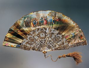 Waaier met scène van spelende kinderen, papieren blad met aquarel lithografie en parelmoeren ribben