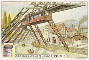 Hangende trein aan de Wupper rivier, promotionele reclamekaart voor Veritable Extrait de Viande Liebig door French School