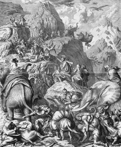 Hannibal steekt de Alpen over met olifanten om in Italië aan te komen (II Punische Oorlog). Gravure uit de 19e eeuw door French School